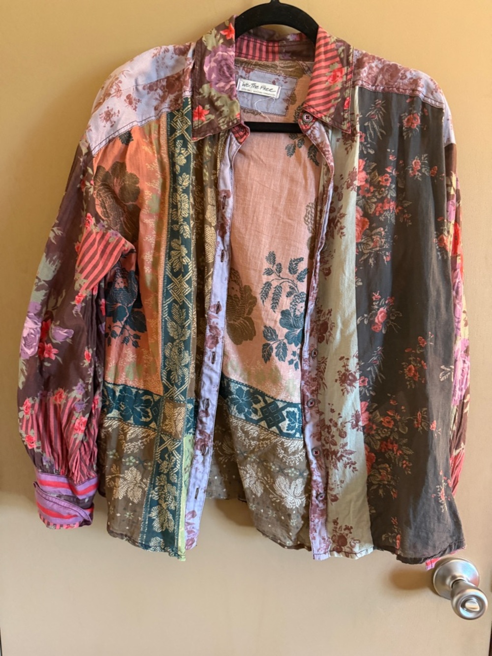 We The Free Olive, Pink & Teal Floral Patchwork Button-Up